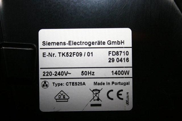 Typenschild Siemens Kaffeemaschine